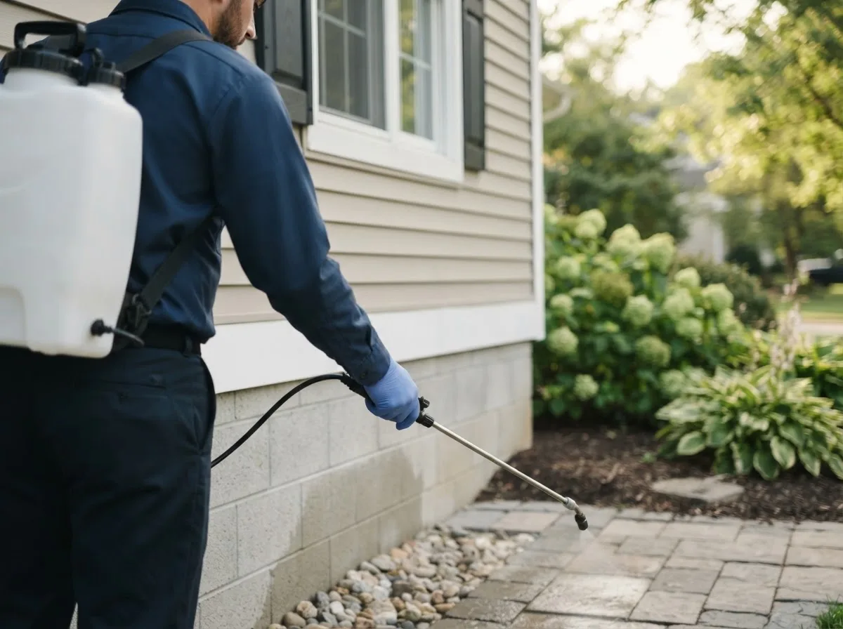 Pest control technician inspecting a home in Fruitland, NM